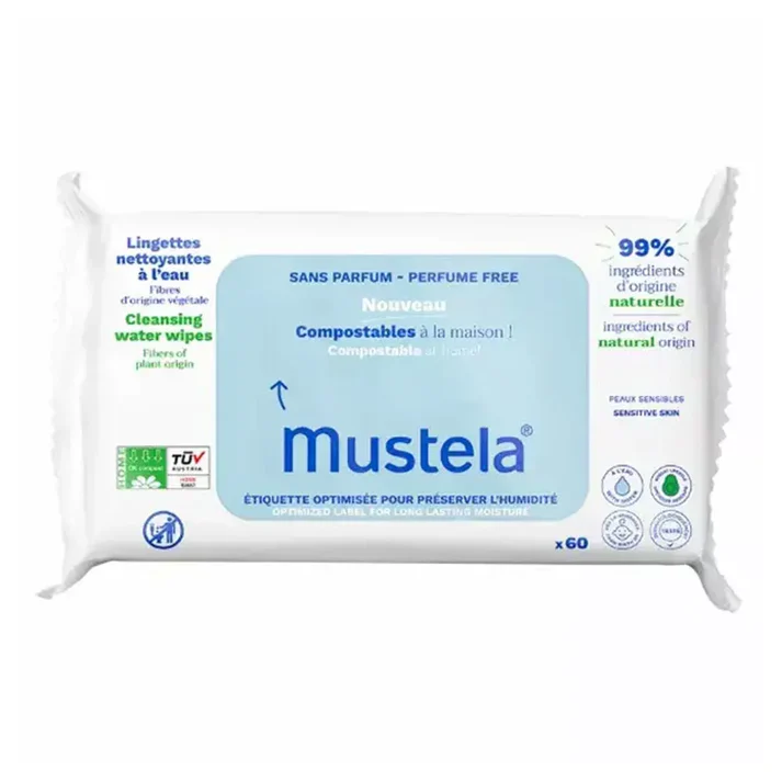 Mustela Lingettes Nettoyantes A l'eau Compostables x60
